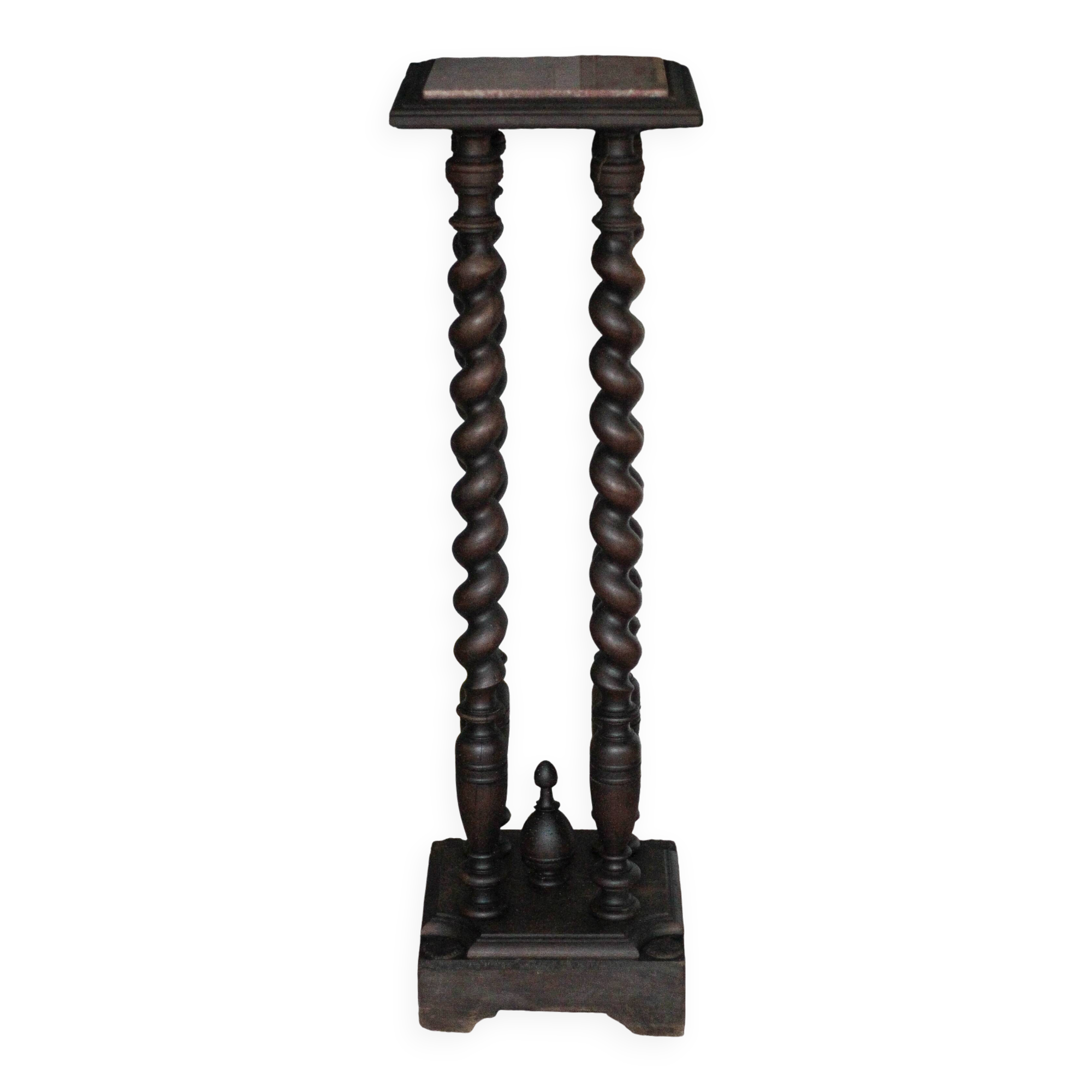 Vintage wood and marble side table, Louis XIII style turned wood pedestal table