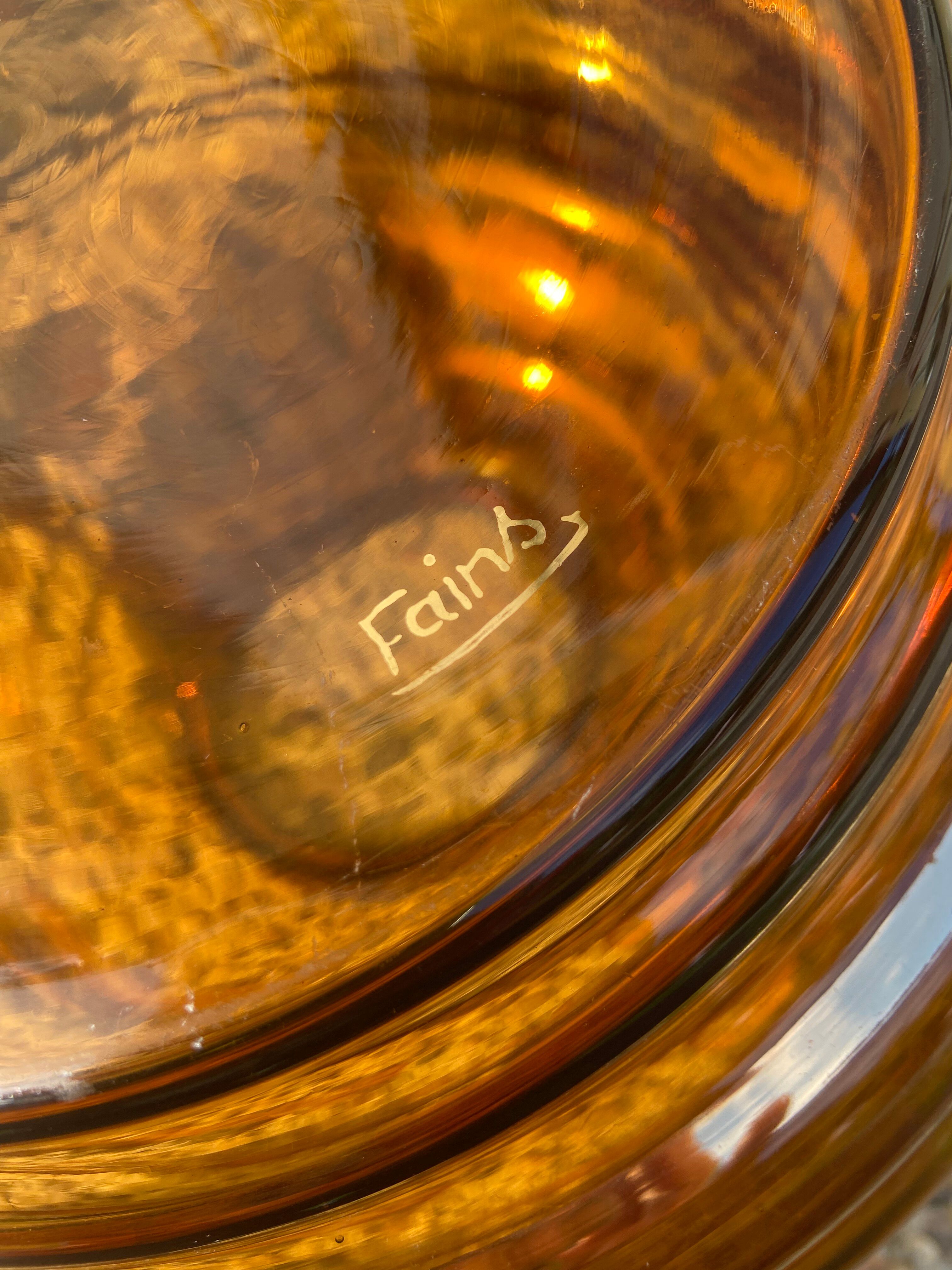Large Art Deco round vase in amber glass signed Fains, circa 1930.