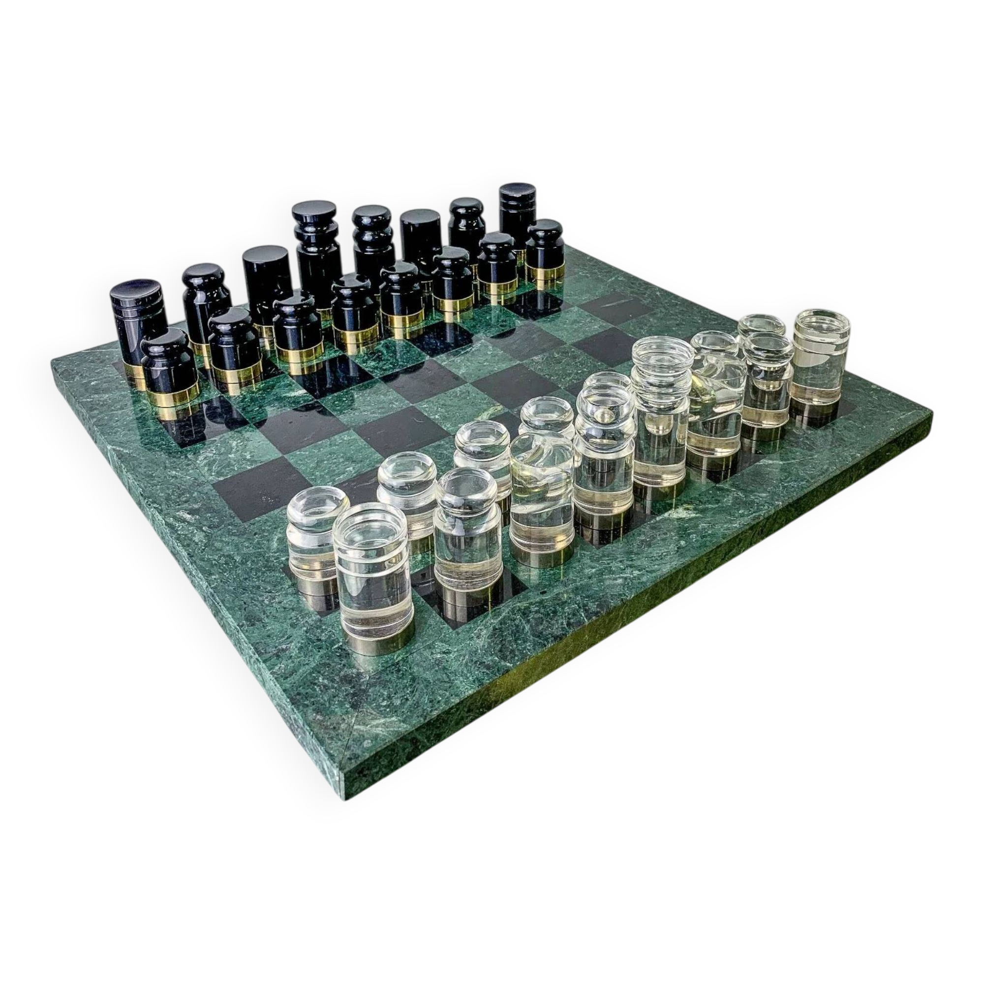 Acrylic & gilt brass chess set with marble board, Italy, 1970s