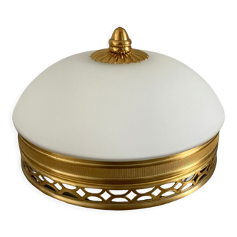 Art deco wall lamp or ceiling lamp in brass and white opaline