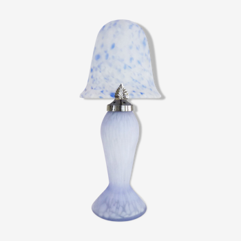 Lampe champignon en pâte de verre bleu tacheté blanche à 2 feux, style Art Déco. Année 60