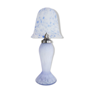 Lampe champignon en pâte de verre bleu tacheté blanche à 2 feux, style art Déco. Année 60