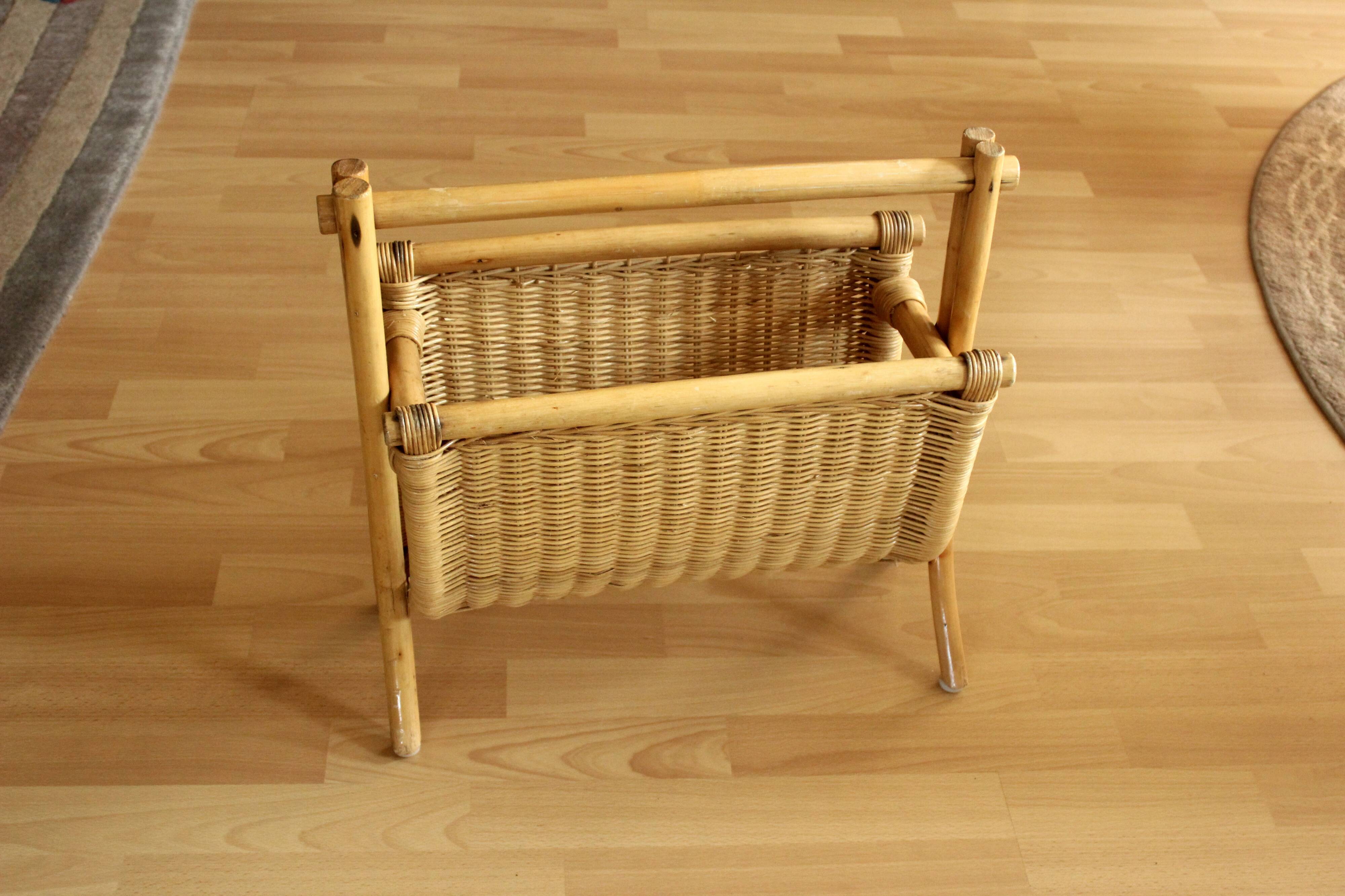 Magazine rack made of bamboo, rattan and wood, vintage from the 70s