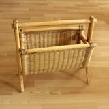Magazine rack made of bamboo, rattan and wood, vintage from the 70s