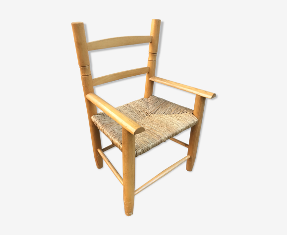 Ancien fauteuil enfant bois et assise paille tressée vintage | Selency