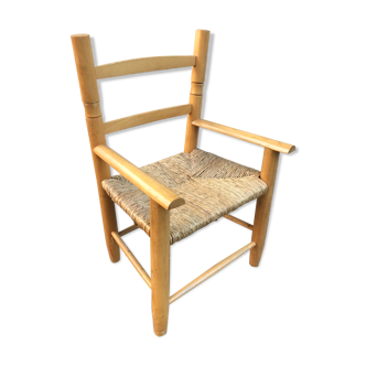 Ancien fauteuil enfant bois et assise paille tressée vintage