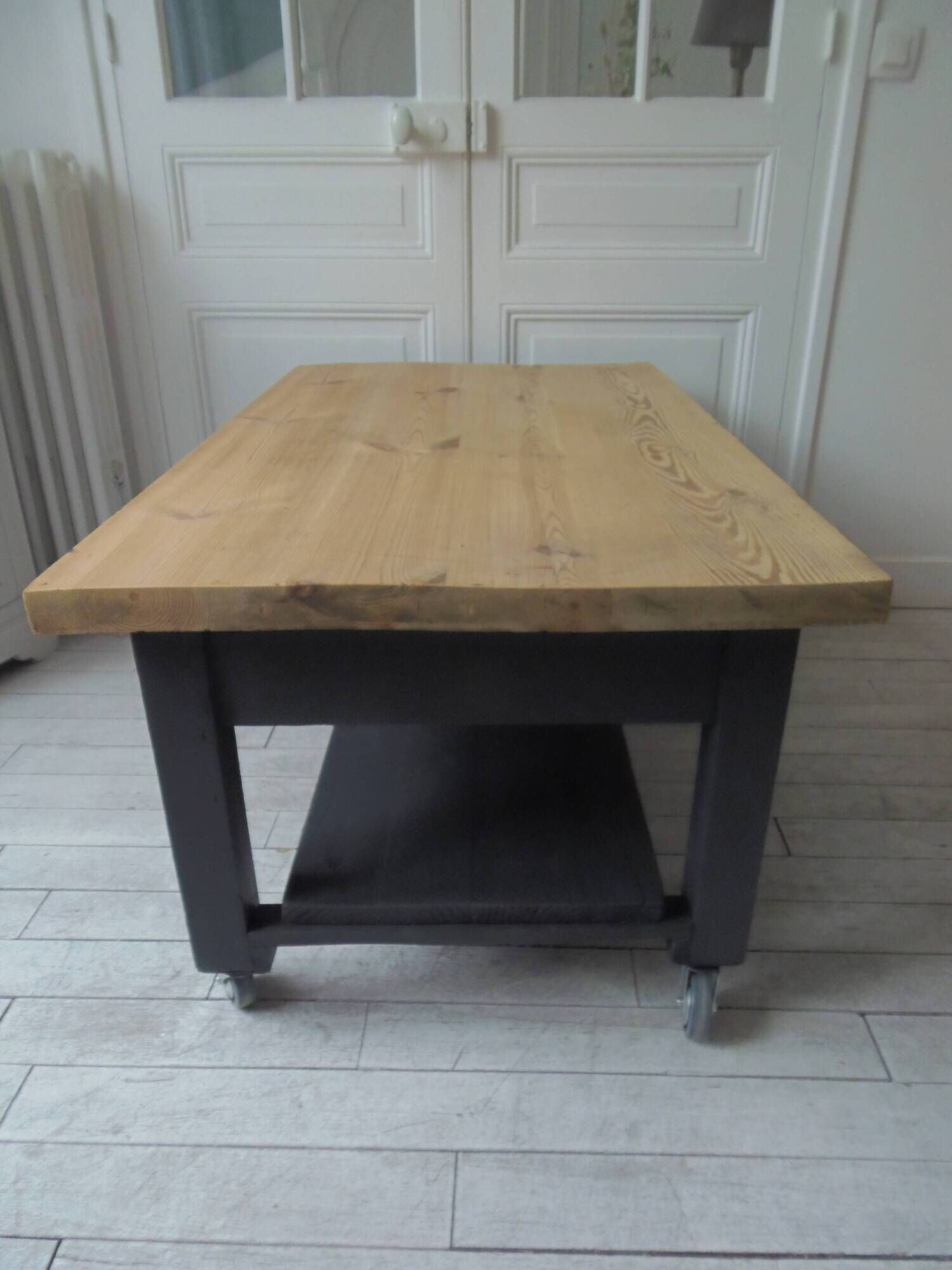 Coffee table on casters made from a vintage table, 1 drawer, 1 slate gray shelf.