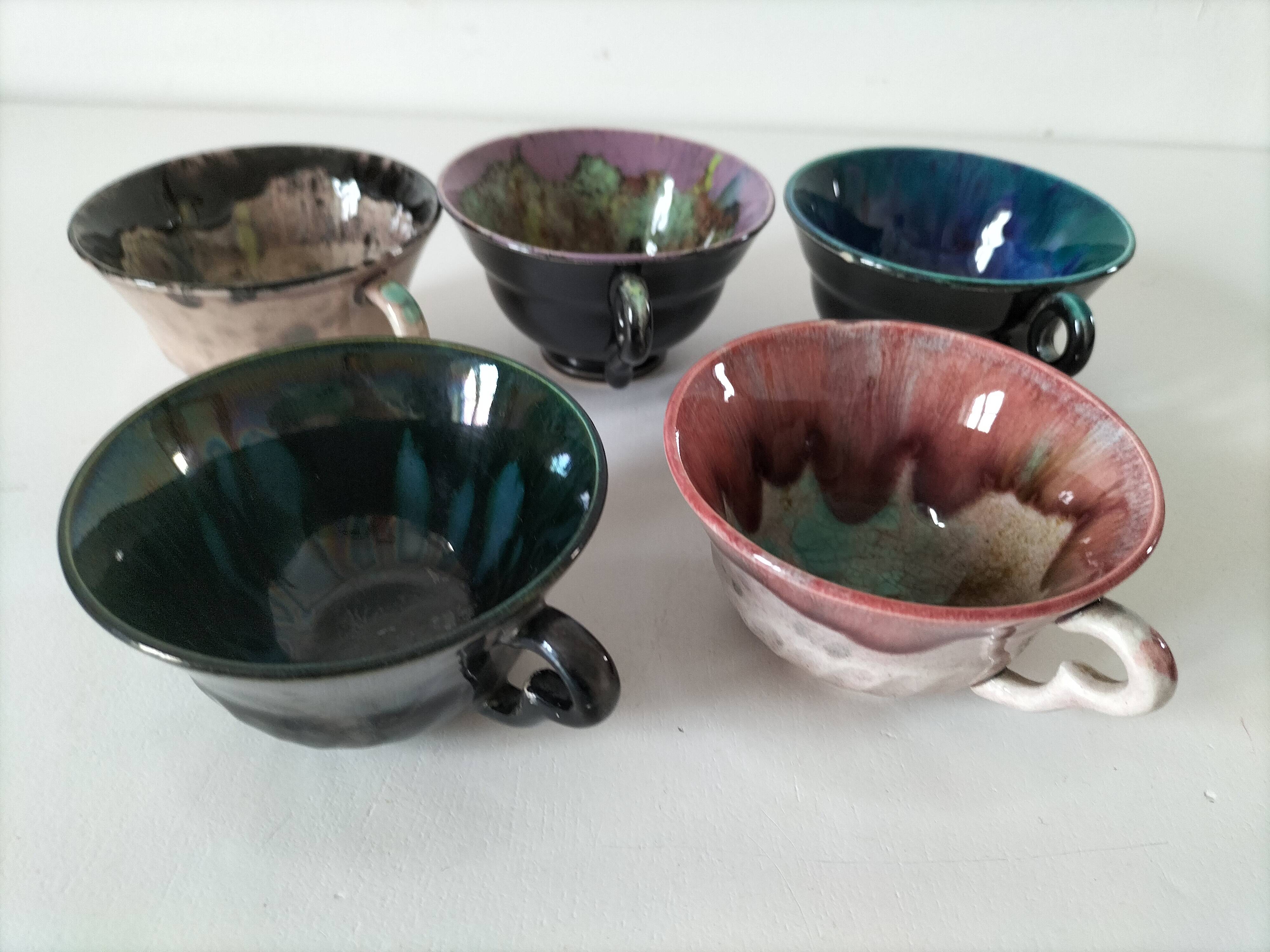 5 tasses Gaubier Morvan grès émaillé flammé multicolore