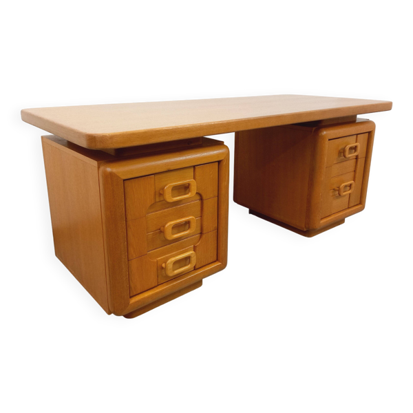 Grand bureau de direction double-face vintage en bois de chêne années 70