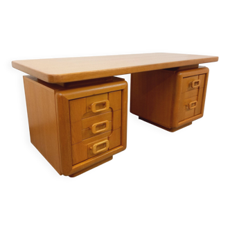 Large vintage double-sided executive desk in oak wood from the 70s