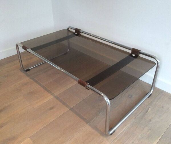 Table basse en chrome, cuir et verre fumé