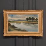 Huile sur panneau représentant un étang XXe