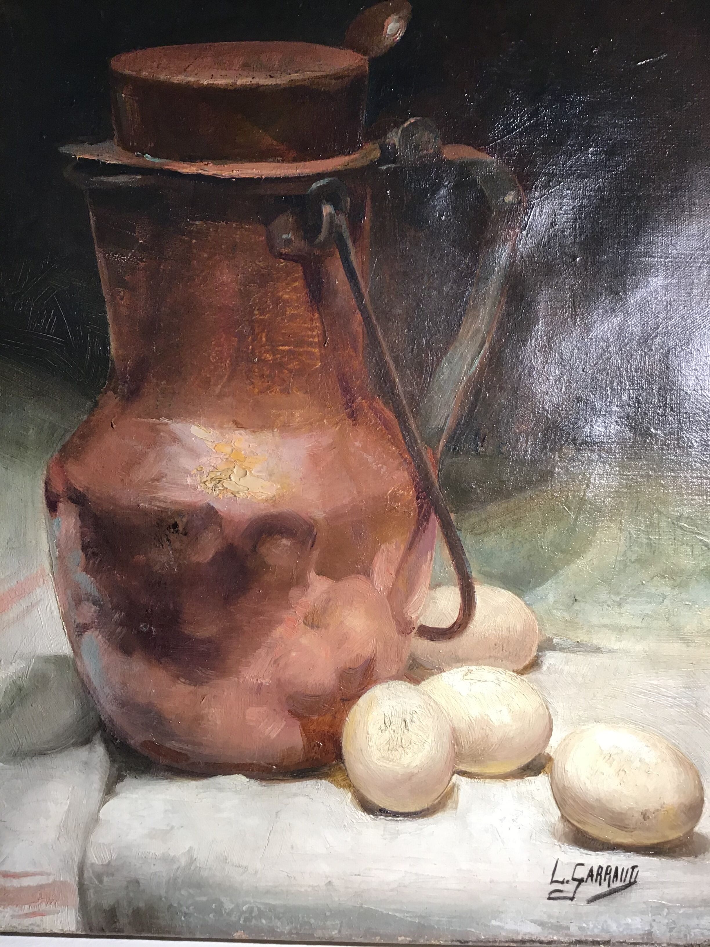 Still life with milk pot and eggs, signed, 20th century