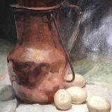 Still life with milk pot and eggs, signed, 20th century