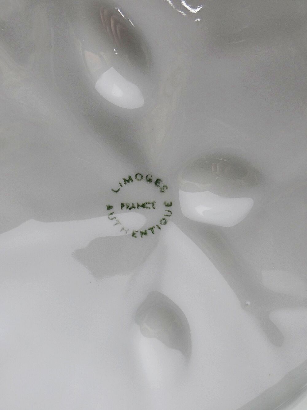 Celadon porcelain vine leaf dish by L. Michelaud, Limoges, 1930-50.