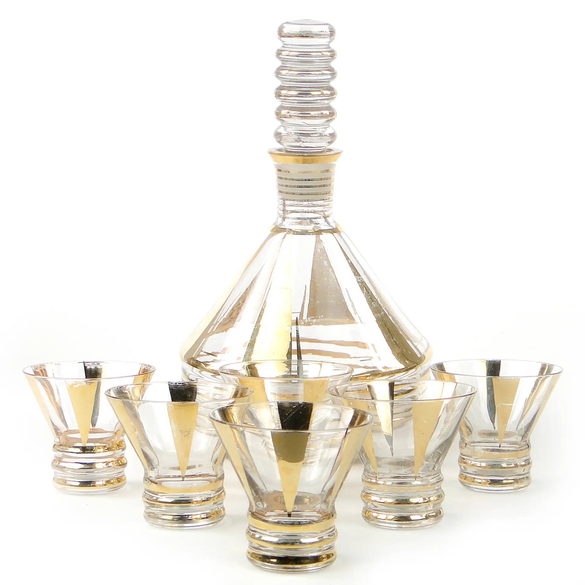 Mid-century modern liqueur set, clear gilded glass, Kamenický Šenov, Czechoslovakia, 1950s