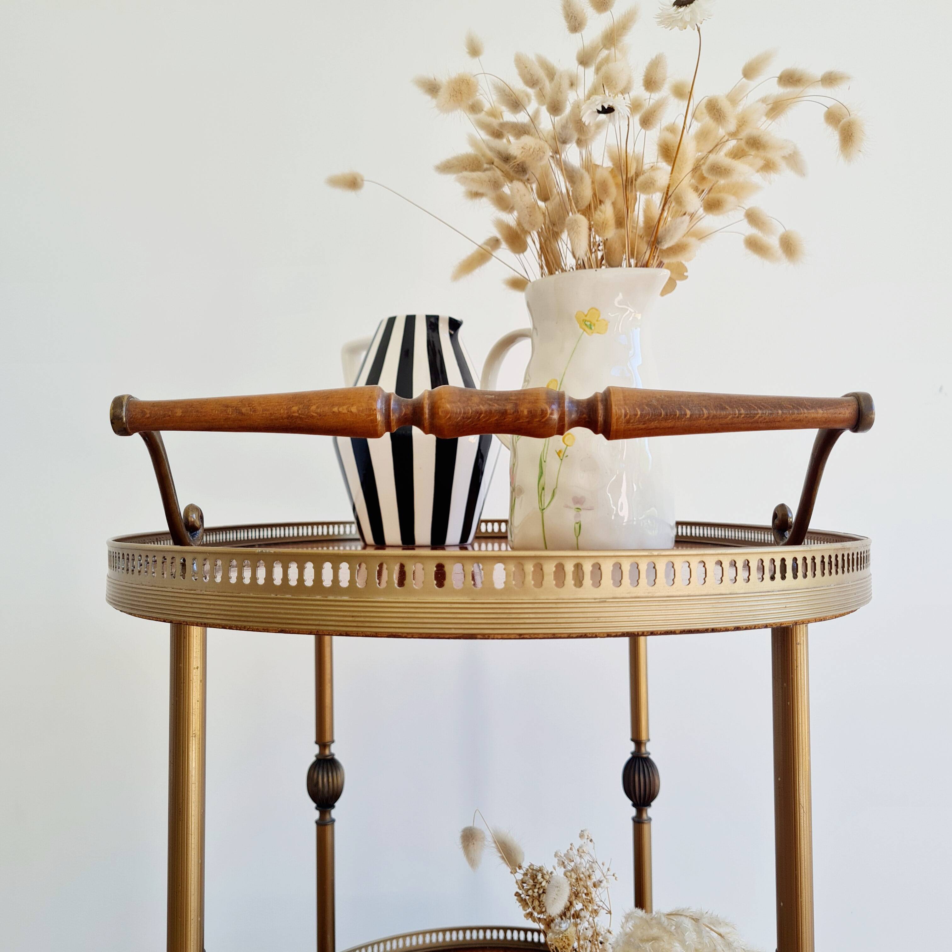 Antique brass rolling oval tray trolley