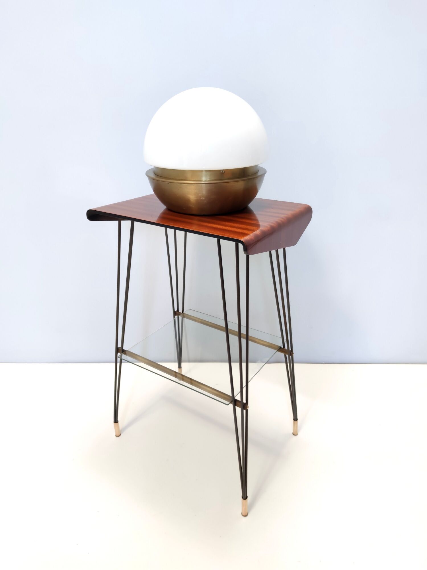 Vintage tv stand/ side table with an ebonized beech top and an iron frame, italy