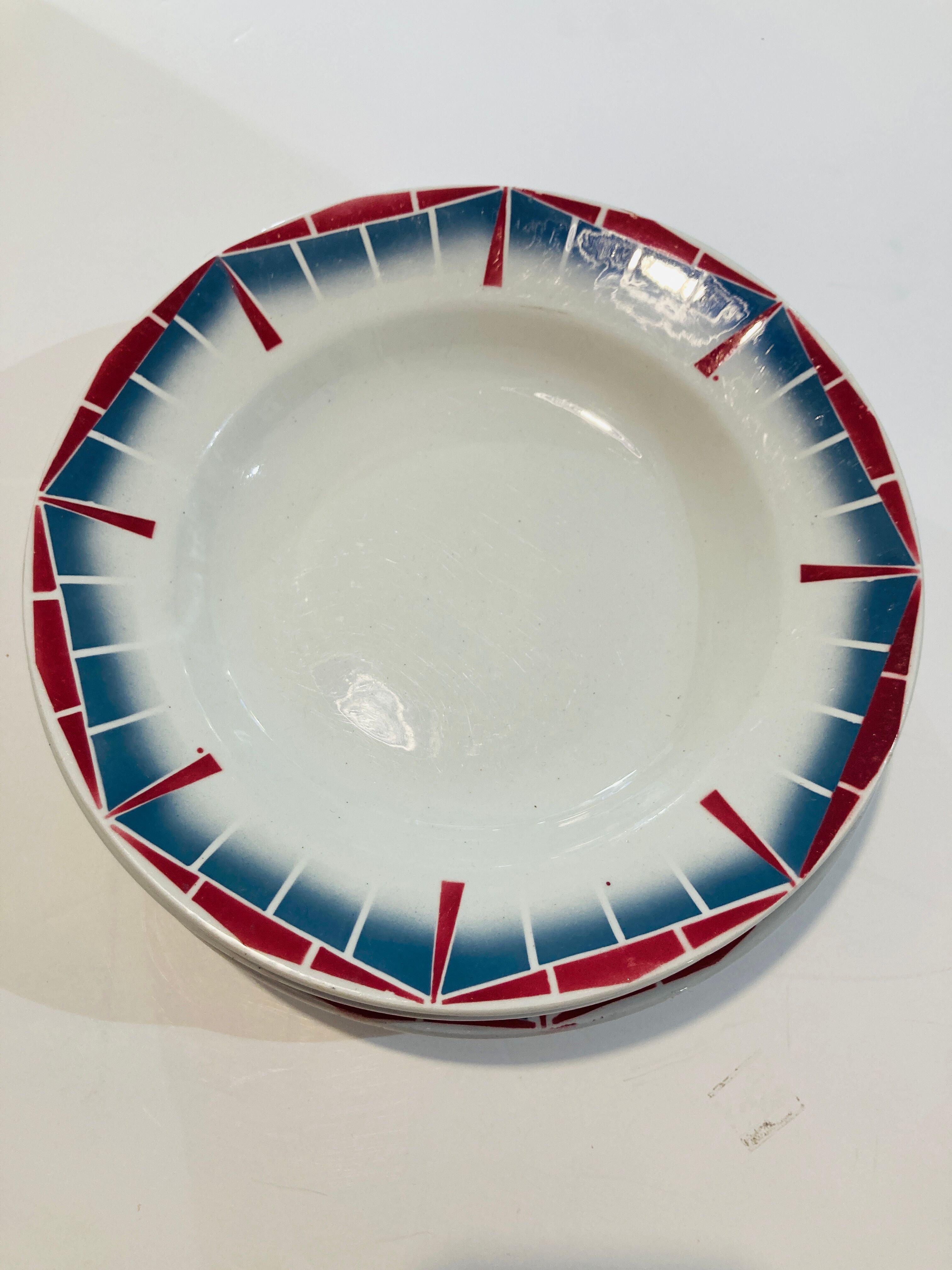 8 hollow plates ceranord st amand boulingrin pink and blue -vintage-kitchen-retro