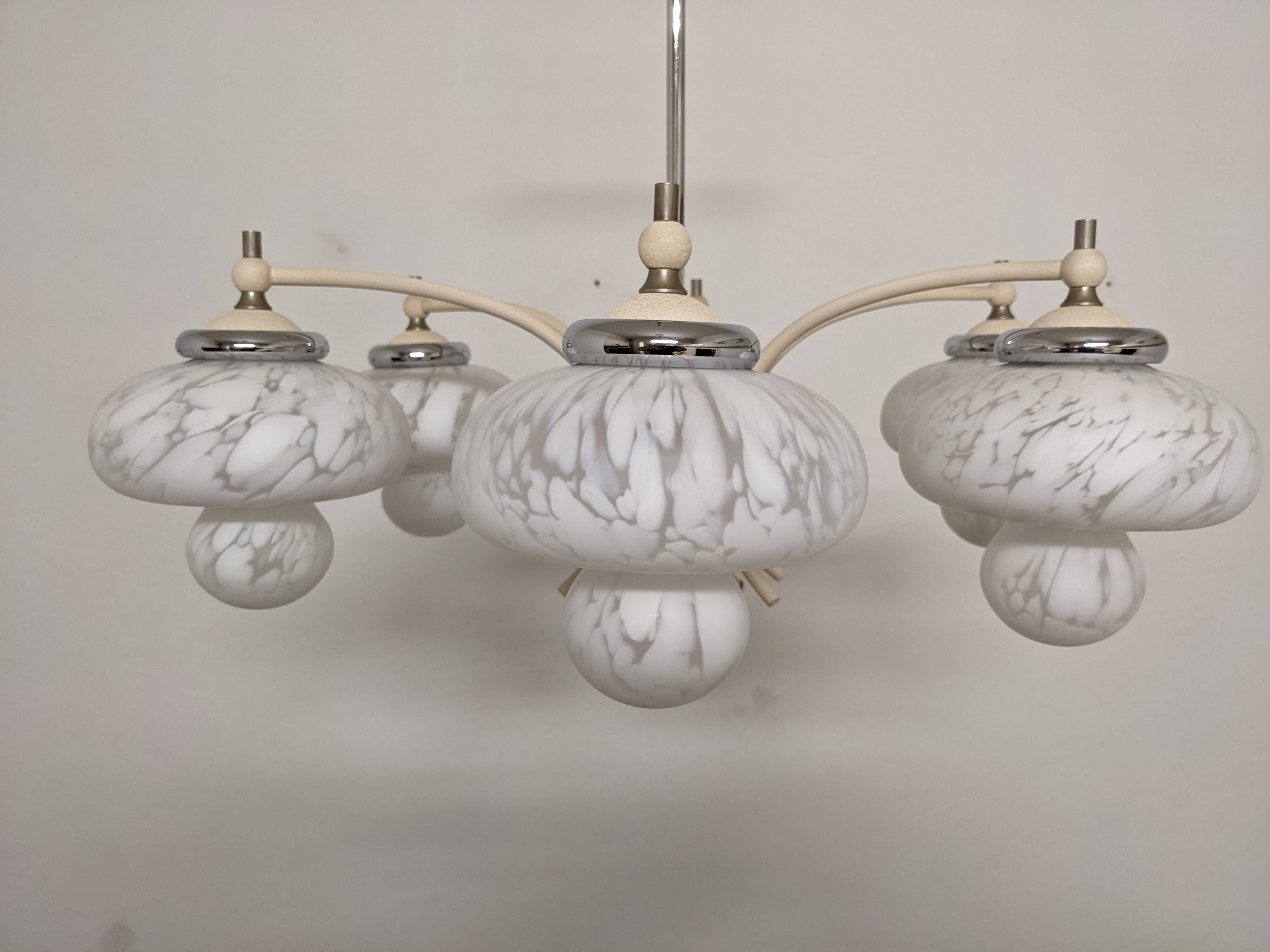 Space age chandelier with 6 frosted glass lights, Eastern Europe circa 1950.