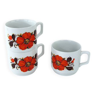 3 large white ceramic cups - orange-red floral decoration - Tognana made in Italy - vintage