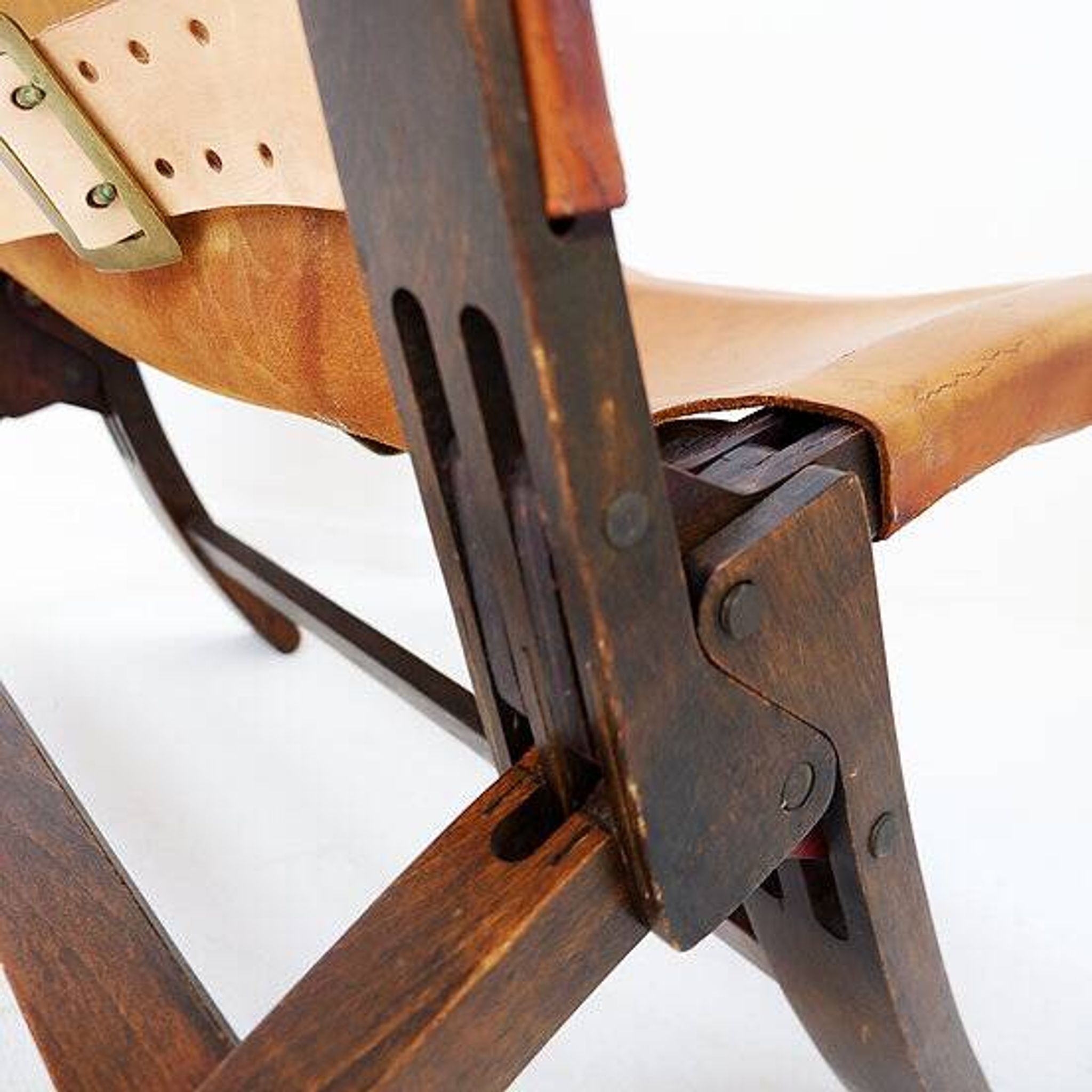 Fauteuil pliant en cuir et bois du milieu du siècle, années 1950