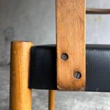 Set of 2 vintage beech wood armchairs with black skai upholstery — mid-century modern