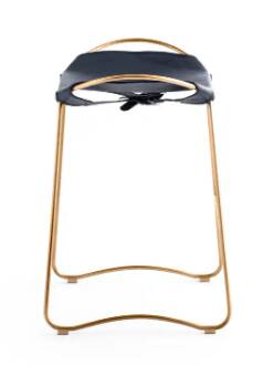 Sculptural contemporary organic bar stool in aged brass metal and navy blue leather