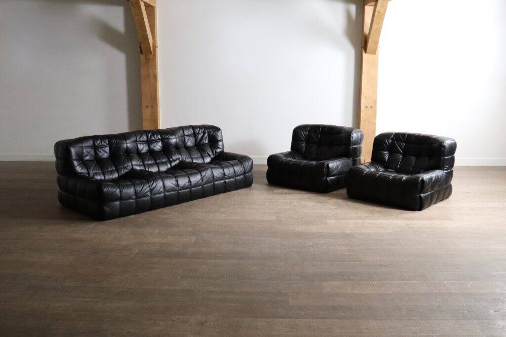 Kashima three seater sofa in black leather by Michel Ducaroy for Ligne Roset, 1970s