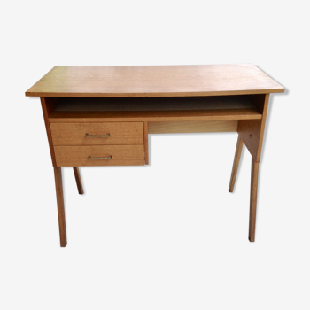 Bureau en bois clair 2 tiroirs années 60 pieds compas