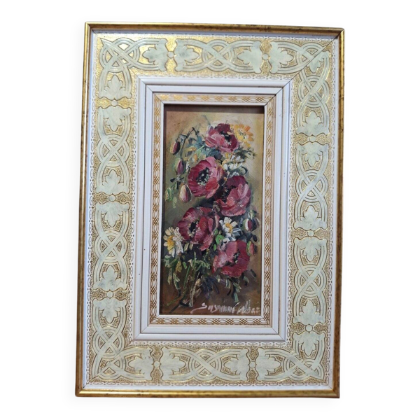 Peinture à l'huile sur panneau bouquet fleurs signée Susanna Vettor 1999