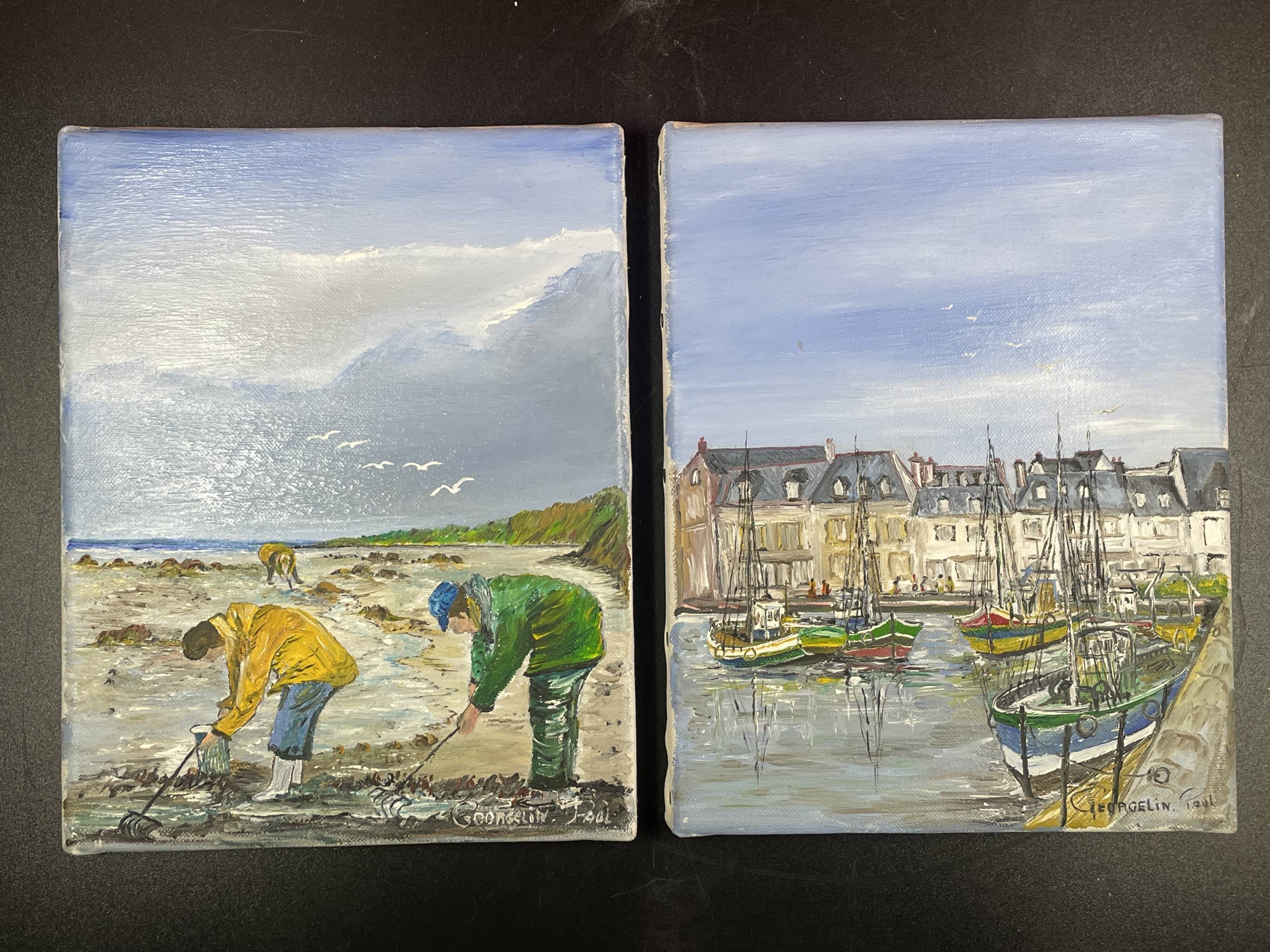 Pair of marine pendant oil on canvas, Paul Georgelin Côte d'Armor