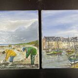 Pair of marine pendant oil on canvas, Paul Georgelin Côte d'Armor