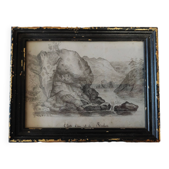 19th century drawing study of water and rocks