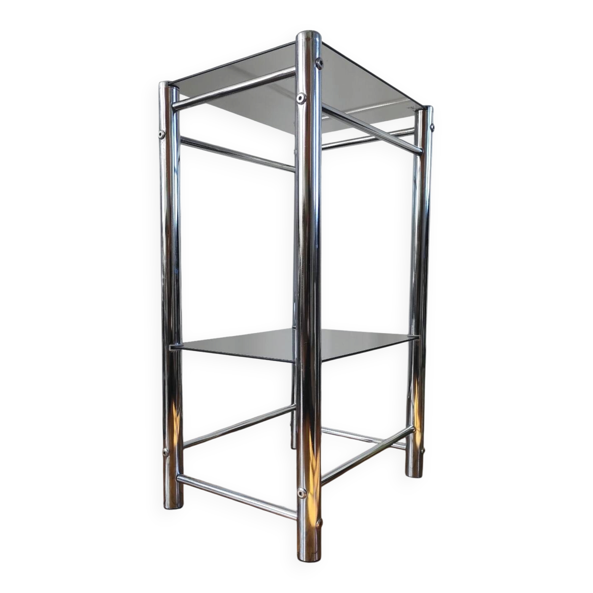 Sellette / Table d'appoint vintage Yves Boutboul - Métal chromé & verr