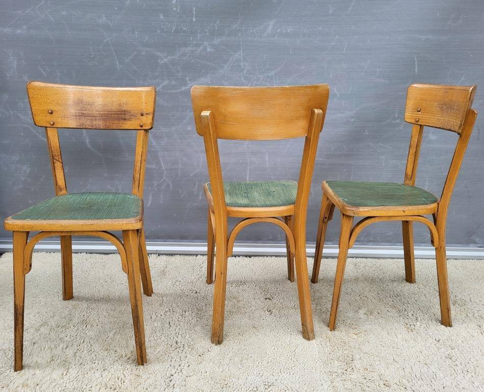 Trio chaises bistrot Baumann 1950 simili vert chiné