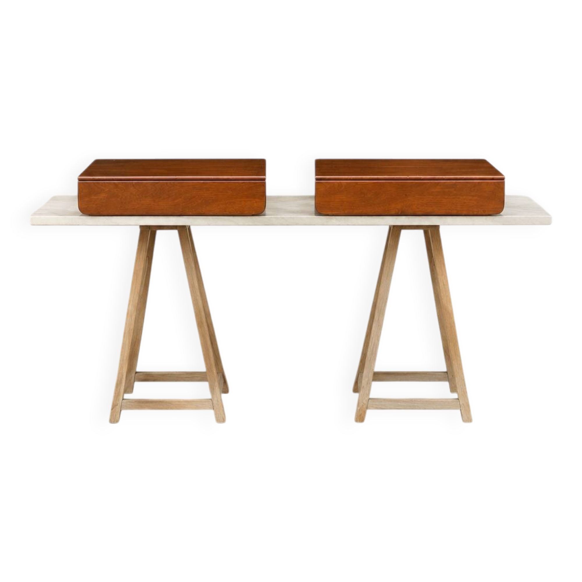 Pair of modernist wooden wall-mounted bedside tables – 1960s