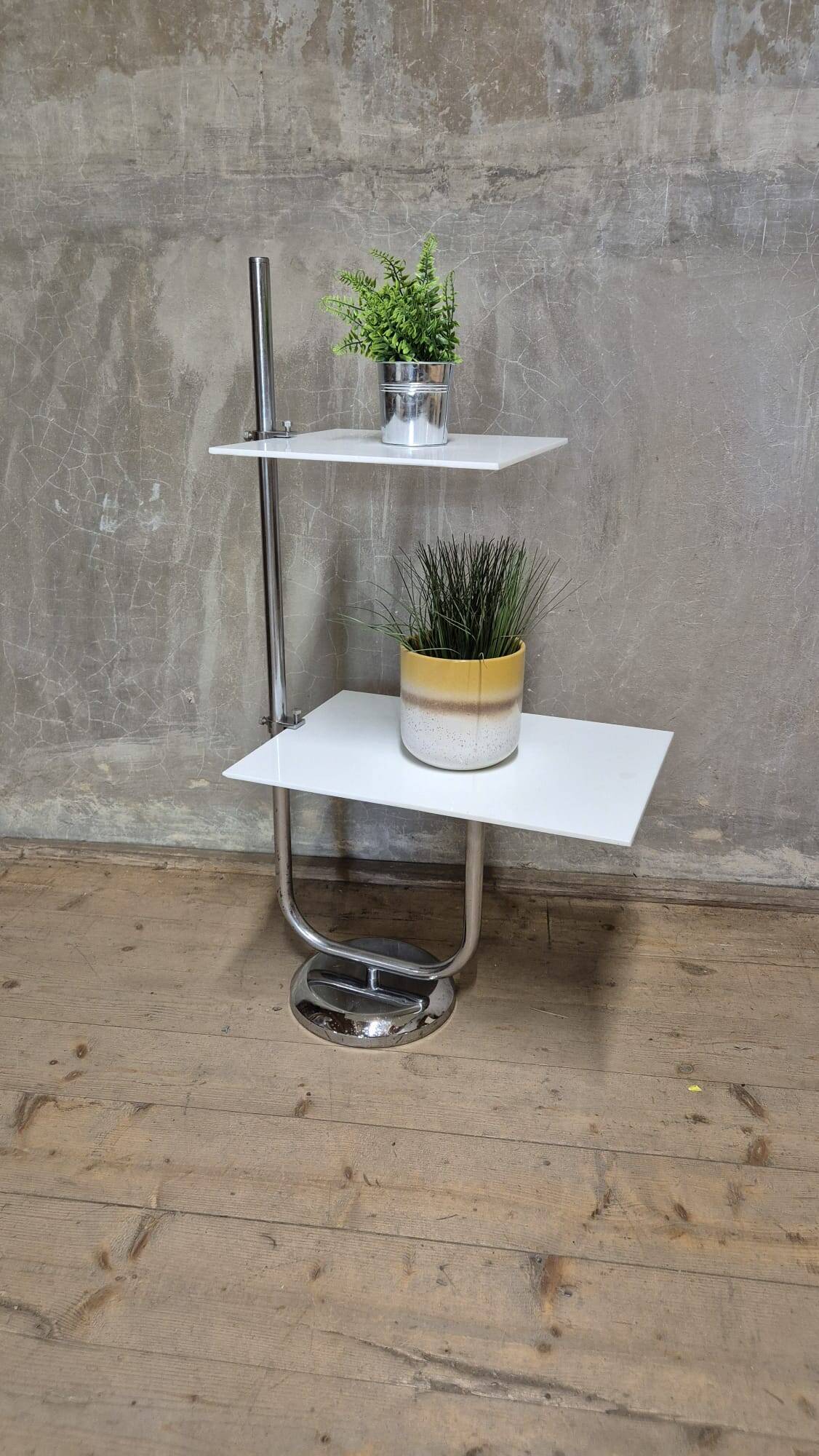 Vintage chrome flower stand with two white shelves, 1970s, Czechoslovakia, 35 × 54 × 100 cm