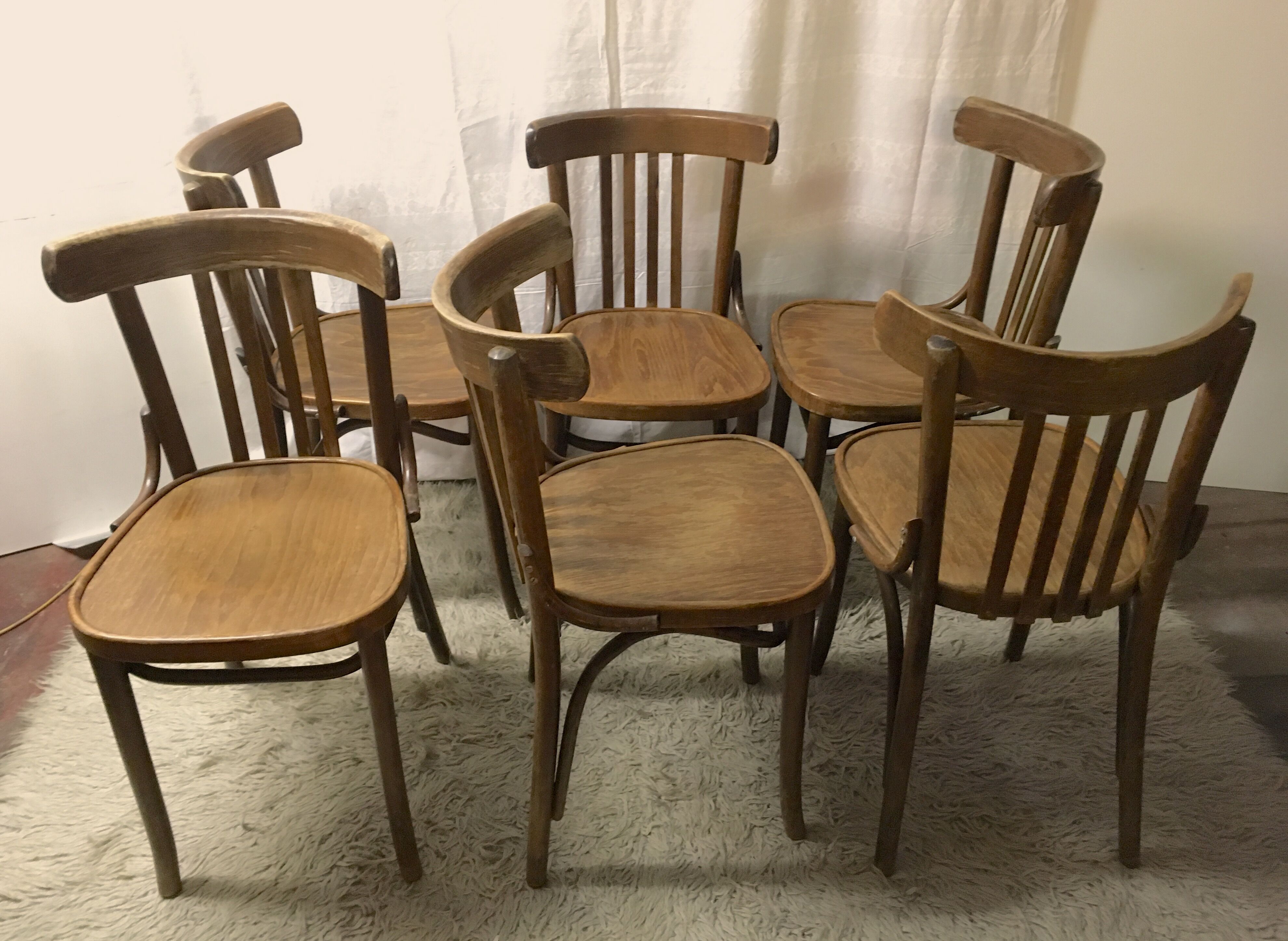 Series of 6 bistro chairs in curved wood, mid. 20th