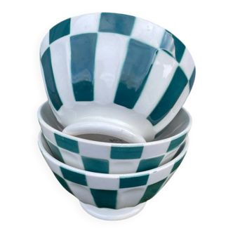 Three large ancient green bowls signed digoin france no. 9613