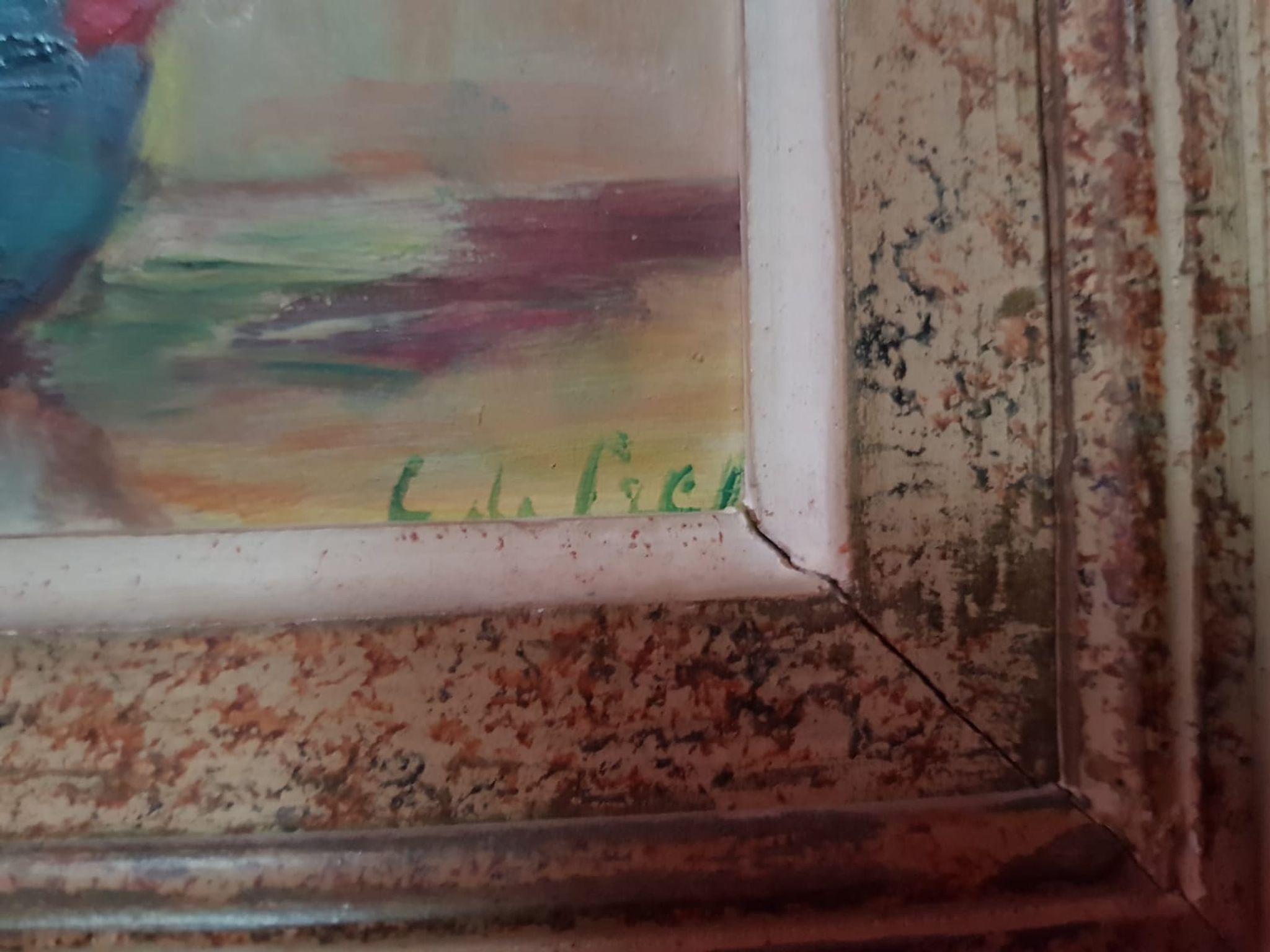 Pair old table c. de fred flower bouquet oil on vintage panel