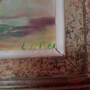 Pair old table c. de fred flower bouquet oil on vintage panel