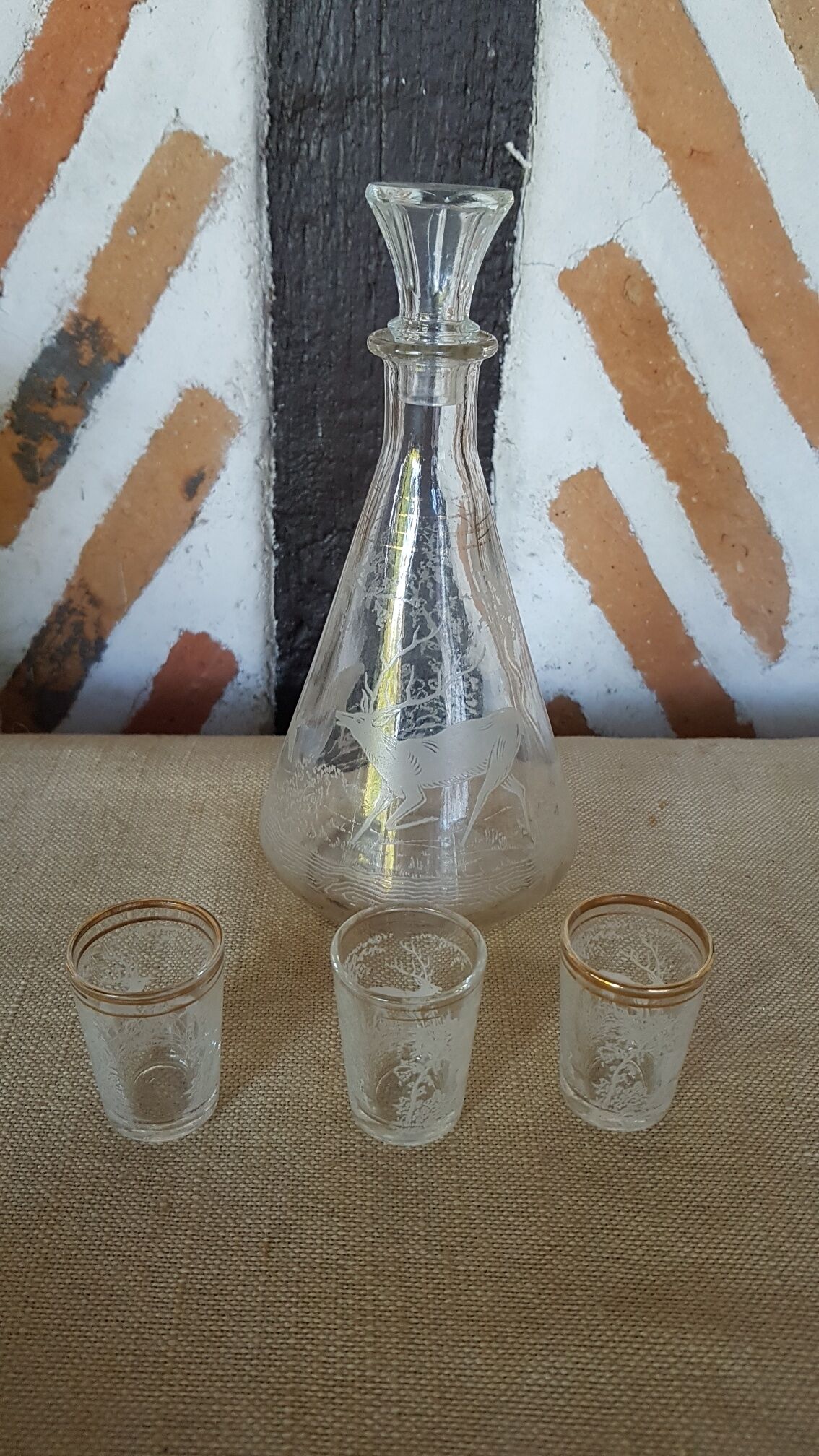 Carafe and 3 shot glasses sandblasted glass