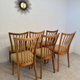 Lot of 6 old solid beech chairs, vintage design from the 60s, new fabric