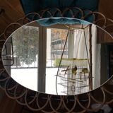 Vintage sun mirror in 60s rattan with rattan fastener 57x40cm