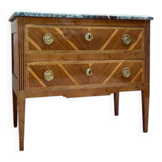Commode sauteuse en bois naturel et marqueterie de style Louis XVI XIX