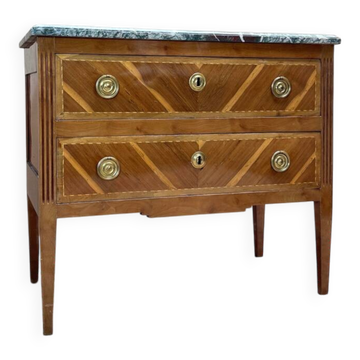 Commode sauteuse en bois naturel et marqueterie de style Louis XVI XIX