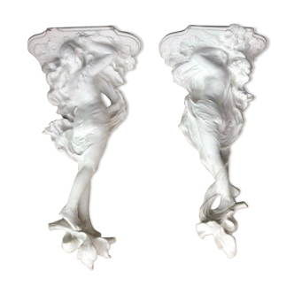 Pair of terracotta applique consoles art nouveau rechampies draped women
