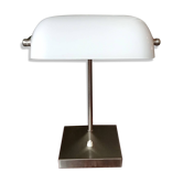 Lampe de notaire ancienne en métal brossé et opaline blanche