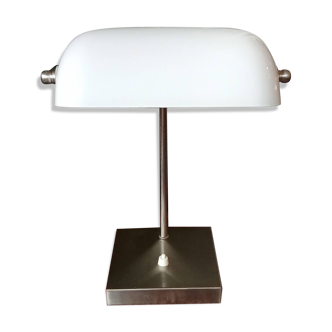 Lampe de notaire ancienne en métal brossé et opaline blanche